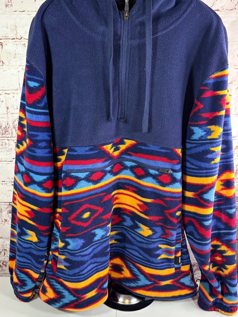 RSQ Navy Fleece Zip-Up with Multi-Color Southwestern Print